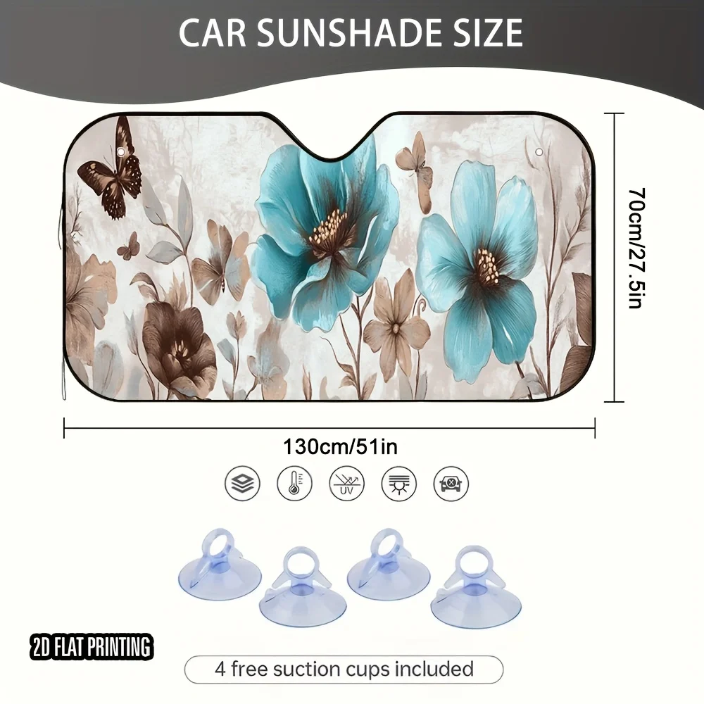 1pc Blue Floral Butterfly Print Car Sunshade - Stylish UV Protection & Heat Reduction, 4 Suction Cups, Foldable Design For Cars,