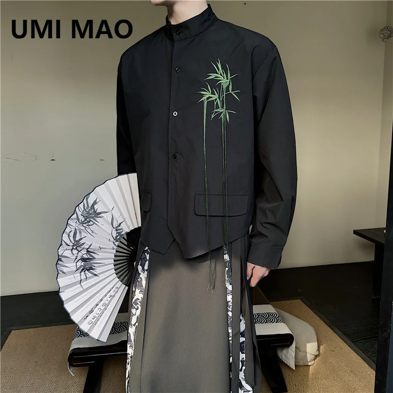 UMI MAO Stylish Personalized Tops Spring New Trendy Embroidery Design Standing Neck Long Sleeved Shirt Femme