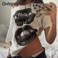 Darlingaga Streetwear Hip Hop Style Chic Lip Printed T-shirts Women Loose Skew Neck Short Sleeve Tops Summer Fashion Clothes New