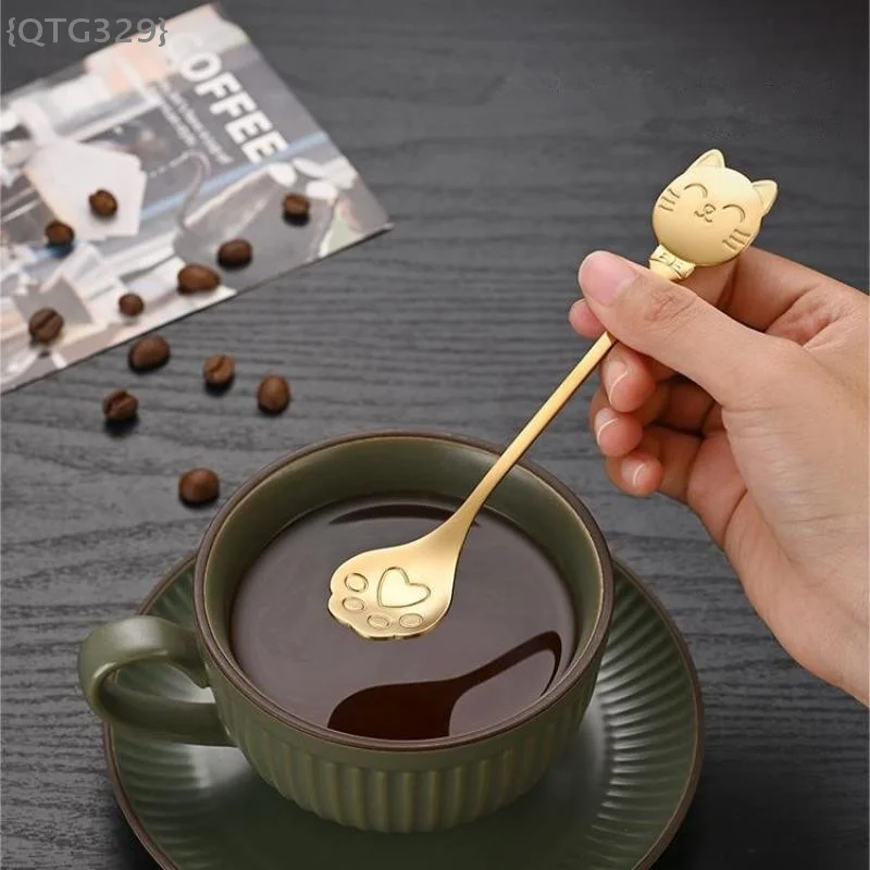 【QT329M3】Stainless Steel Creative Cat Claw Coffee Mixing Spoon - Ice Cream Cake Dessert Teaspoon Scoops Tableware Kitchen Access