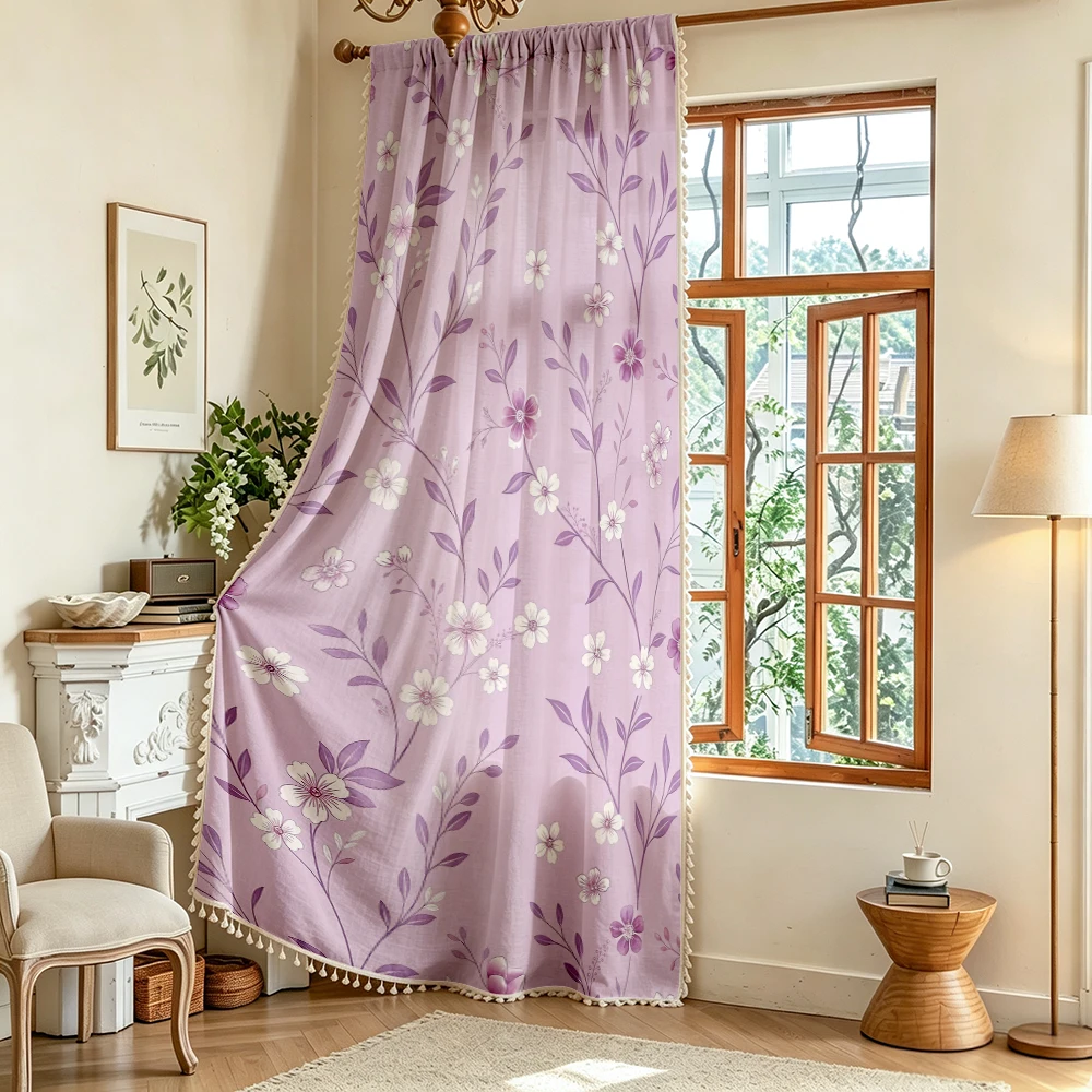 1PC Floral Tassel Sheer Curtains, Purple Flower Vine, Digital Print, Polyester, Bedroom Living Room, Rod Pocket, Home Decor