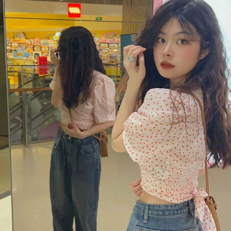 

Blouses Women Summer Cute Polka Dot Korean Style Holiday Fashion Puff Sleeve Vintage Chic Harajuku V-neck Casual Mujer Blusas