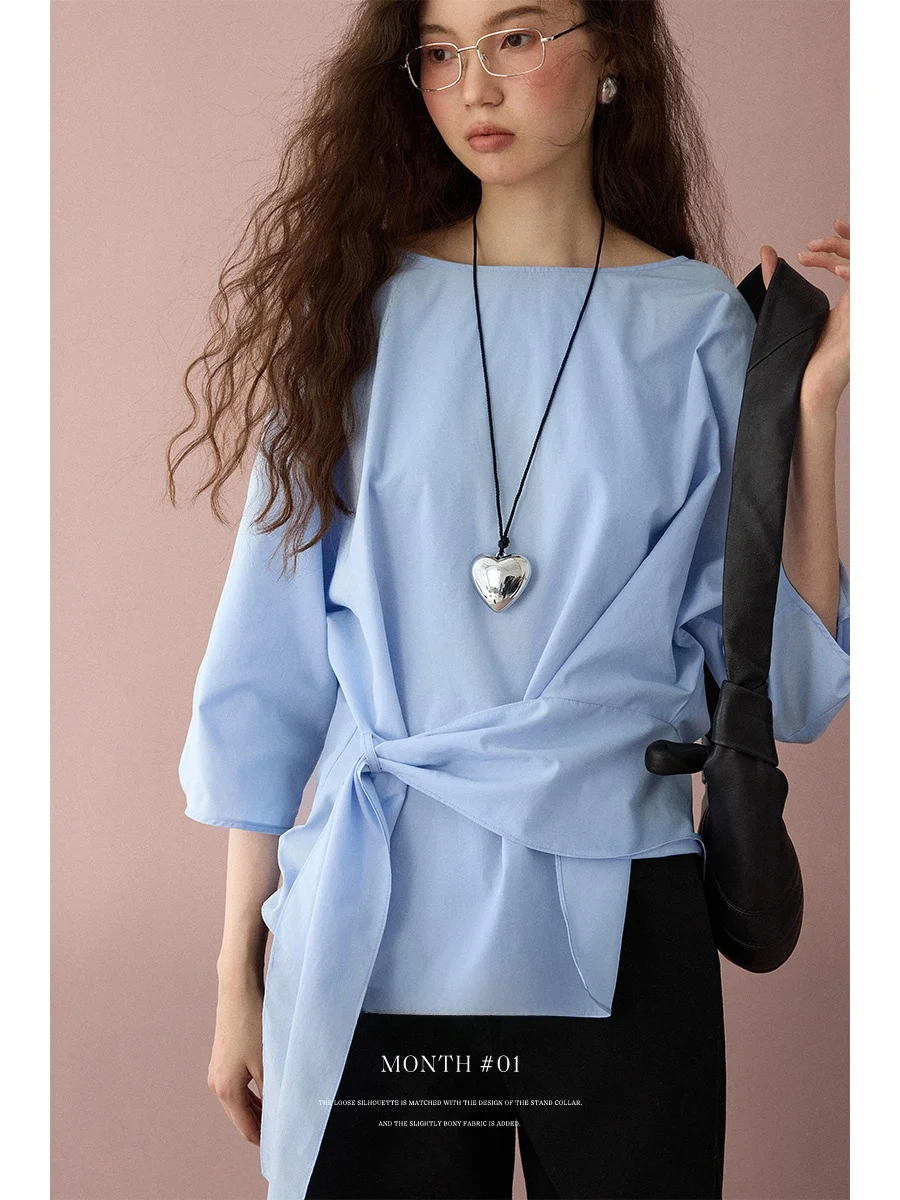 

Lalaglow Slimming Loose Women's irt Asymmetric Casual Versatile Top Polyester Fiber Long Sve round Ne Regular Length