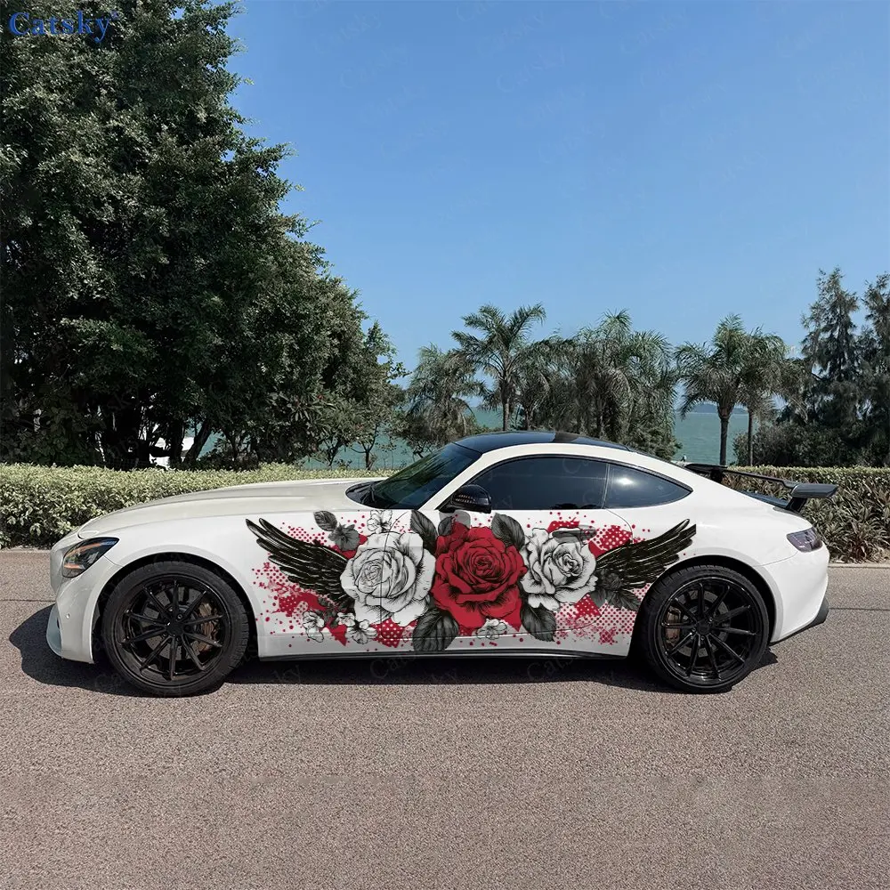 

2pc Black Winged Rose Splash Decal, Durable, Fade-Resistant, Enhance Your Vehicles Aesthetic With Bold Art Design Car Vinyl Wrap