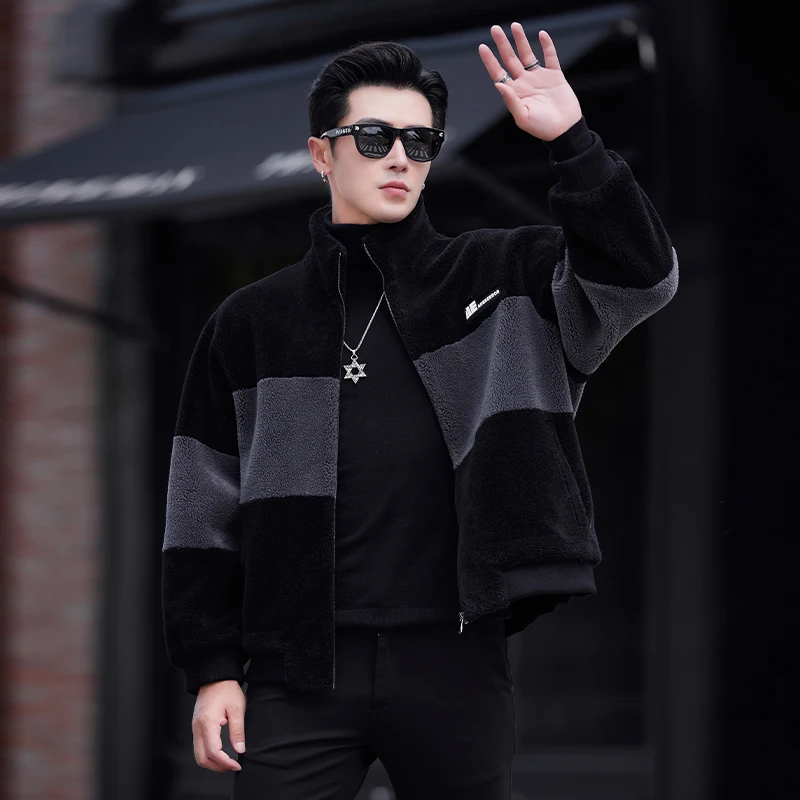 

2023 Winter Men Fashion Real Lamb Wool Fur Jackets Men's Loose Thicken Warm Coats Male Stand Collar Patchwork Overcoats P542