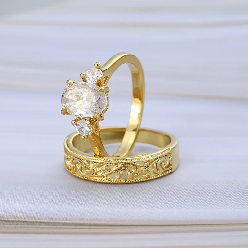 Multi Layered Retro Oval Cubic Zirconia Engagement Ring Paired Hand Carved Scroll Flower Wedding Ring Stacking Female Jewelry