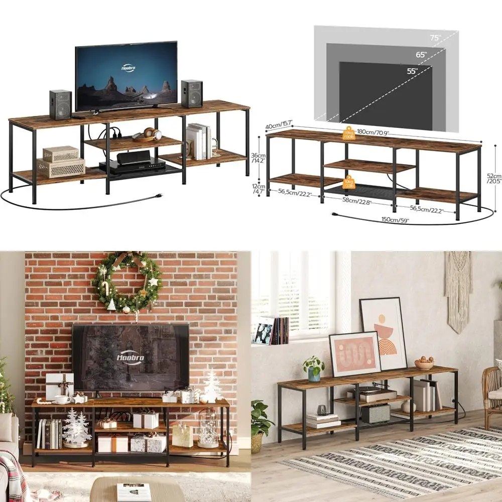 

Industrial Style 75-Inch TV Stand with Open Shelves and Power Outlets Console Table for Media Entertainment