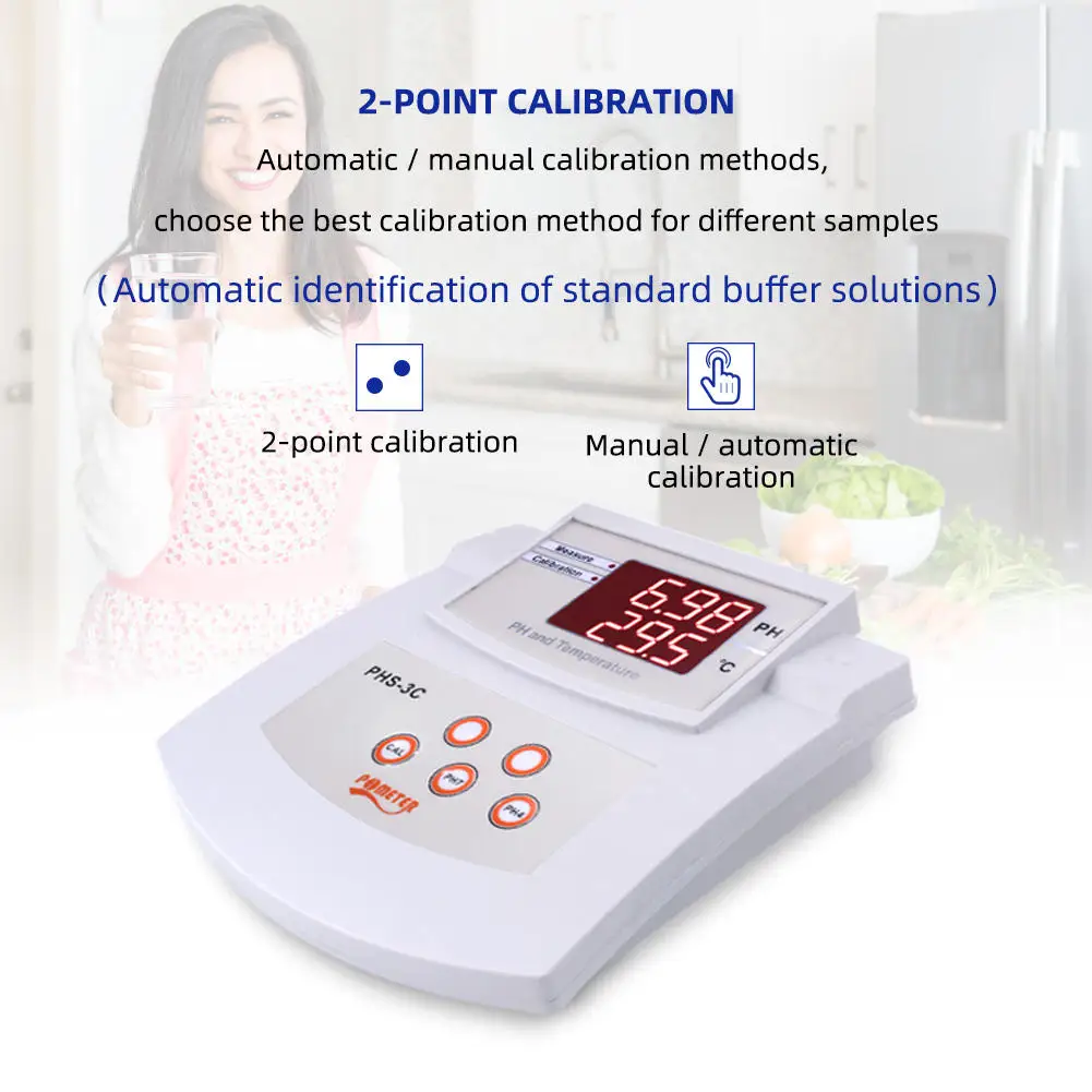 PHS-3C Digital Benchtop pH Tester 2-in-1 Water Quality Monitor 0.00-14.00 Auto Calibration LED Screen Lab Ecology Acidity Meter