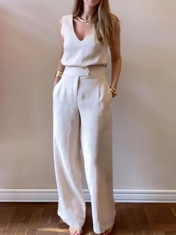 Deioao Office Lady V Neck Top Long Pants Set Women Summer Chic Elegant Pants Outfit 2024 Casual Pockets Trousers Two Piece Suit