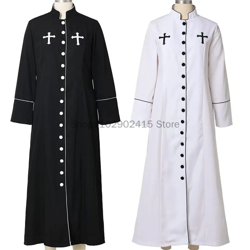 Adult Black White Noble Priest Costume Men Religious Pastor Father Costumes Halloween Purim Party Mardi Gras Fancy Cosplay Dress