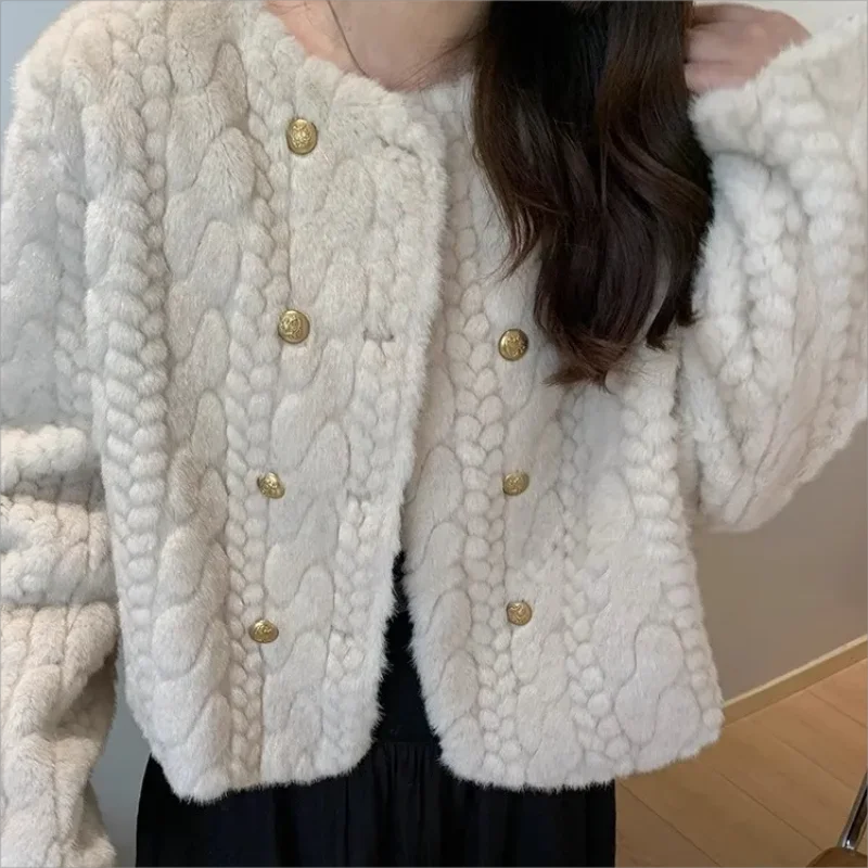 Abrigo de piel de visón con cuello redondo para mujer, chaqueta pequeña de piel fragante de imitación de un cuerpo, invierno, 2024