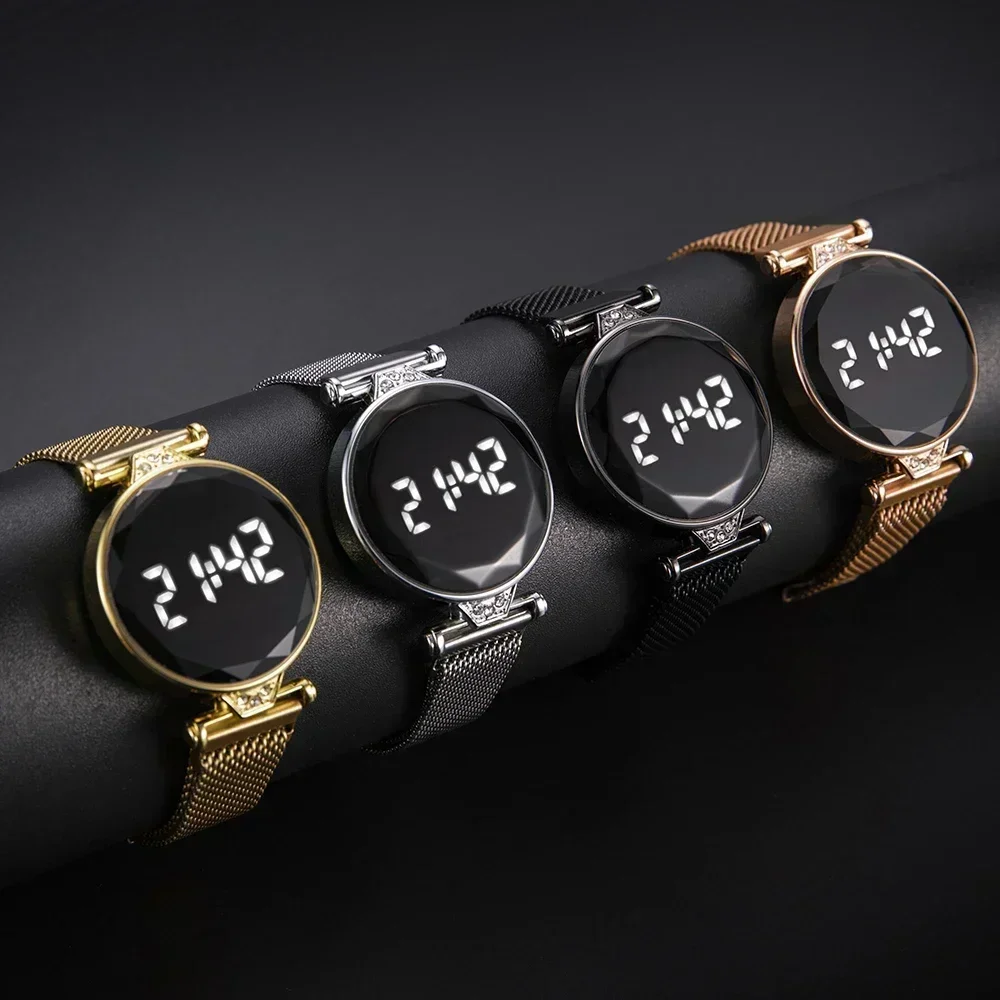 Montre-bracelet numérique LED pour femme, montres de luxe pour femme, or rose, acier inoxydable, horloge électronique, 2024