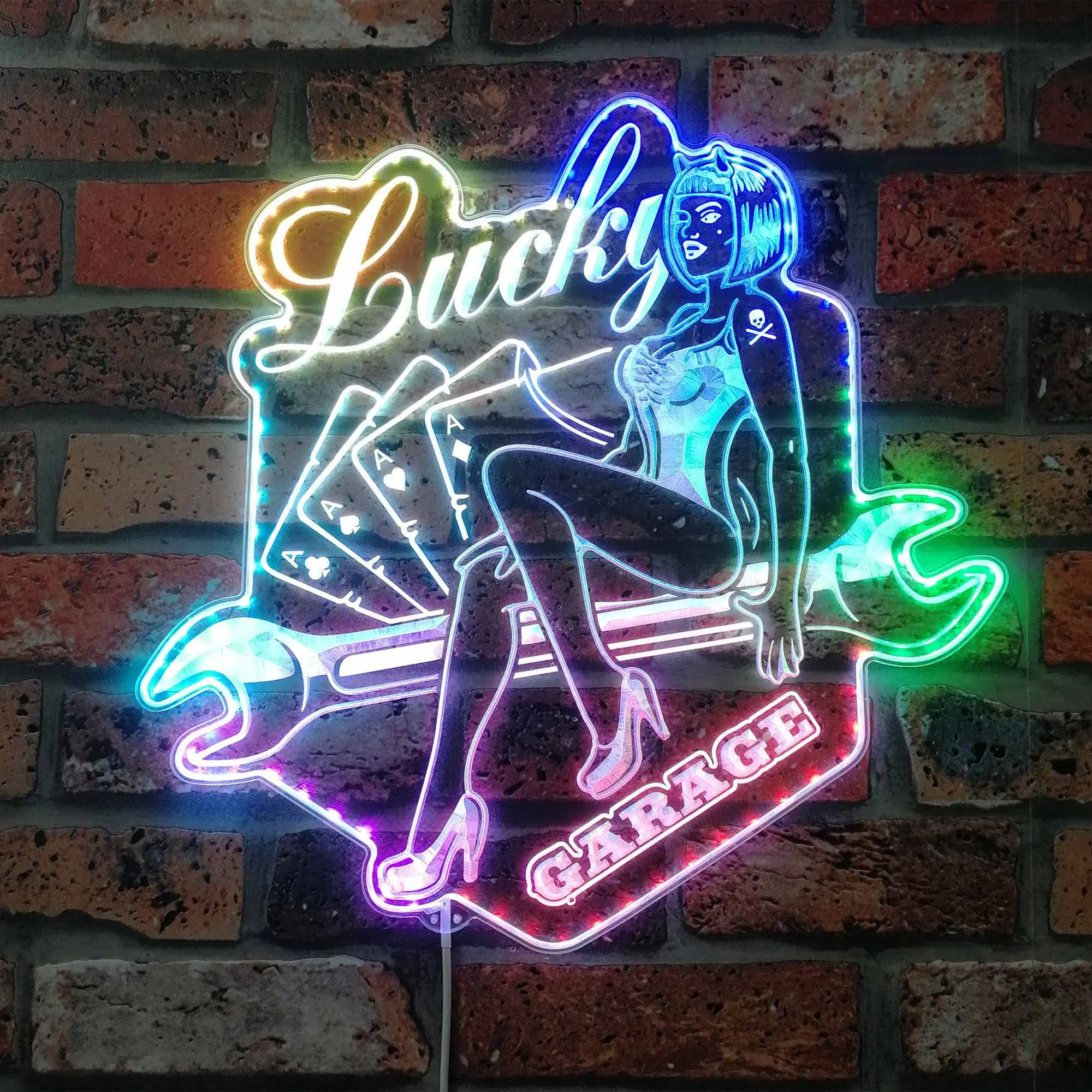 Wrench Spanner Pin Up Girl Casino Garage RGB Dynamic Glam LED Sign st06-fnd-i0328