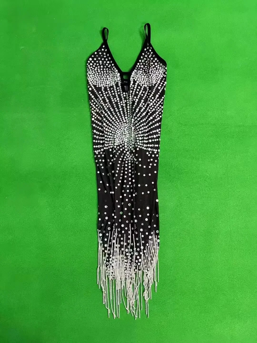 Fringe Sling Short Dress Sexy Transparent Black Mesh Rhinestones for Women Birthday Party Club Rave Outfit Singer Stage Costume