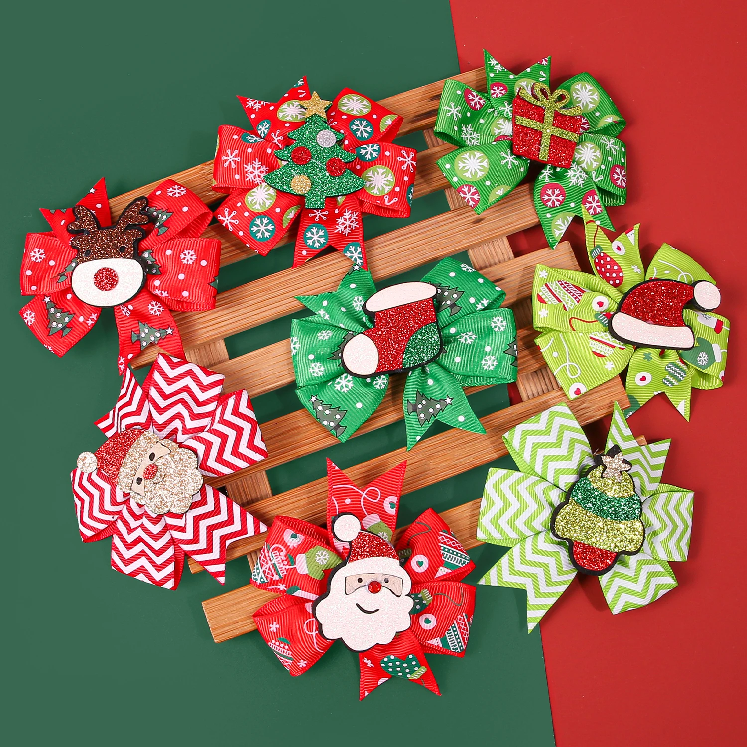 

4/8 шт., рождественская елка с рисунком Санта-Клауса, подарок, олень, полосатый бант с принтом, заколка для волос для девочек, аксессуары для волос для рождественской вечеринки