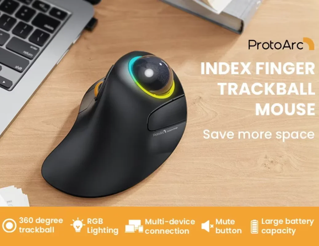 ProtoArc EM03 Rollerball Trackball Mouse Wireless BT 2.4G RGB Backlit Rechargeable 3 Device Connection Ergonomic Mice for PC