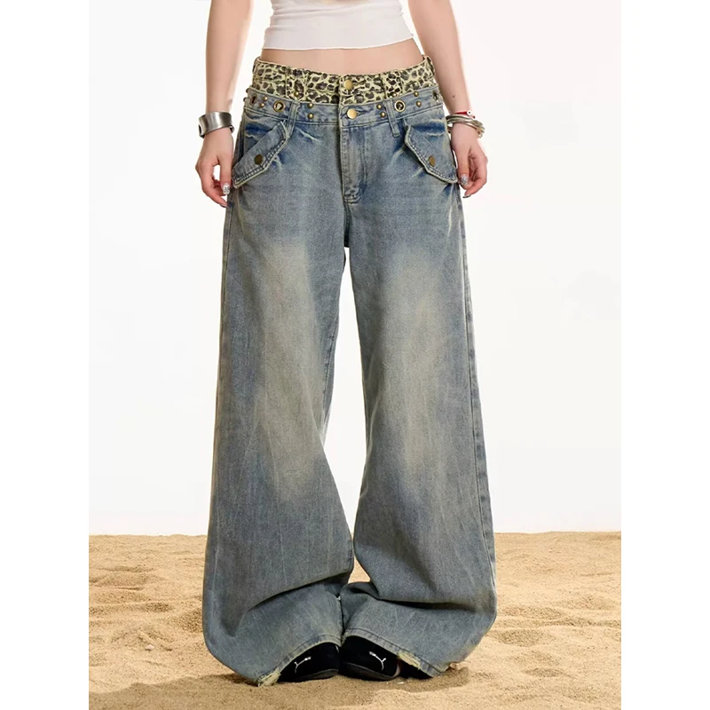Autumn Winter Y2K Leopard Print Patchwork Double Waist Wide Leg Jeans Washed Distressed Loose Straight Leg Retro for Women