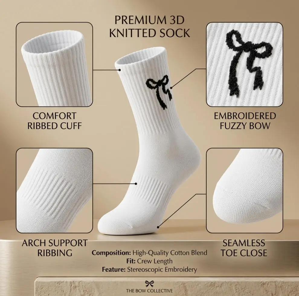 Korean style atmosphere basic socks! Black and white solid color bow pile socks, anti slip and non falling