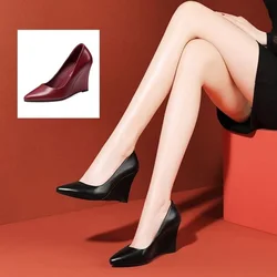 FHC New Women Pumps,Soft Leather Wedges Shallow Shoes,High Heels,Pointed Toe,Slip On,Korea Style,Black,Wine-red,Dropship