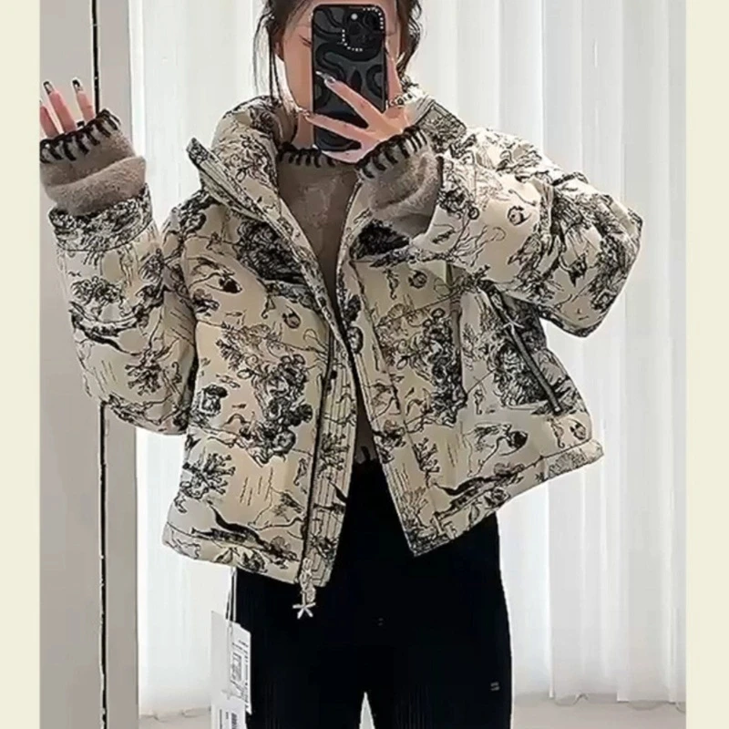 Women's Winter Cotton Jacket 2025 Short Thick Casual Fashion Collar Windproof Guofeng Printed Loose Outerwear Clothing