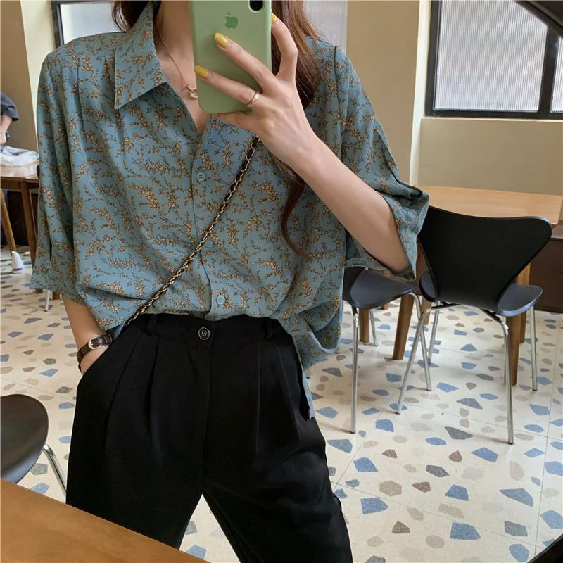 MEXZT camicie in Chiffon donna Vintage colletto rovesciato stampa camicetta manica corta estate coreano Streetwear Casual allentato floreale Top