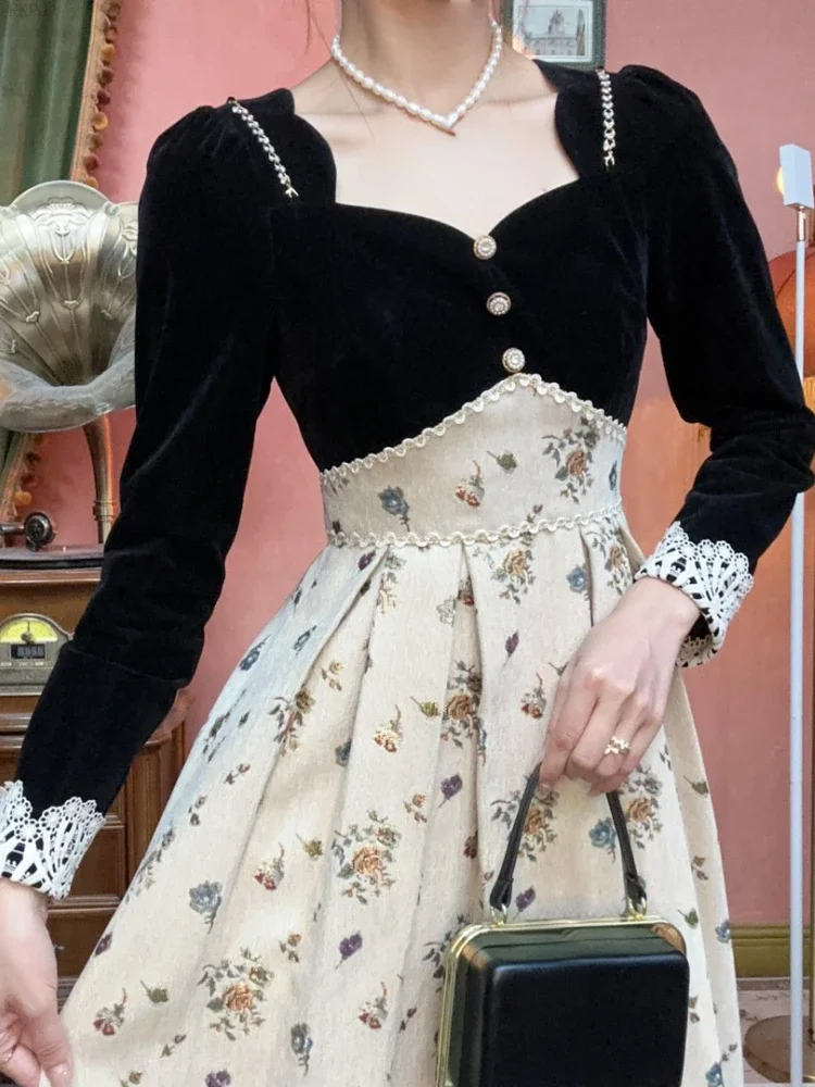 

Black Velvet Vintage France Dress Women Floral Print Elegant Evening Party Midi Dress Lace Korean Sweet Dress Female Winter 2024