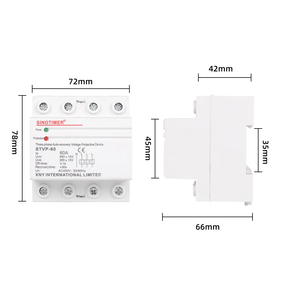 STVP-60 Three Phase 4 Wires 380V 60A DIN Rail Automatic Recovery Over Under Voltage Protector Voltage Relay Protection Device