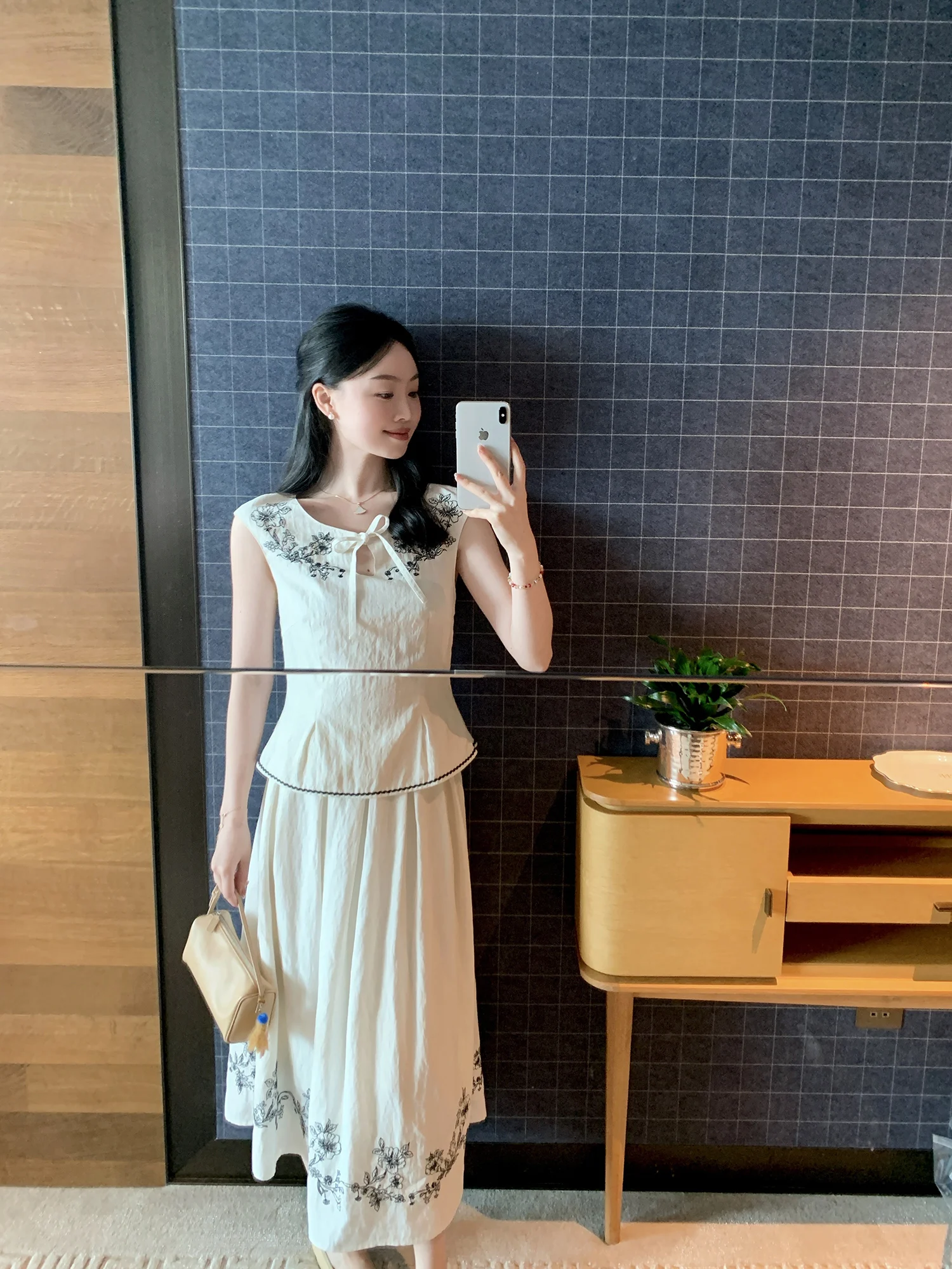 

Wang Han Yan Embroidered Poem Linen Lyocell Design Sensation ort Sve Knot Embroidery f Skirt Set Women Summer