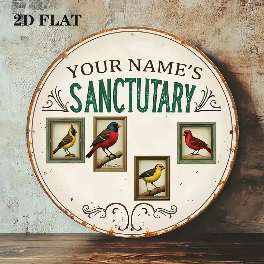 CIFbuy Round Bird Sanctuary Metal Plaque,Personalized Custom Text Vintage Framed Wild Birds Garden Wall Ornament (Only For Decor