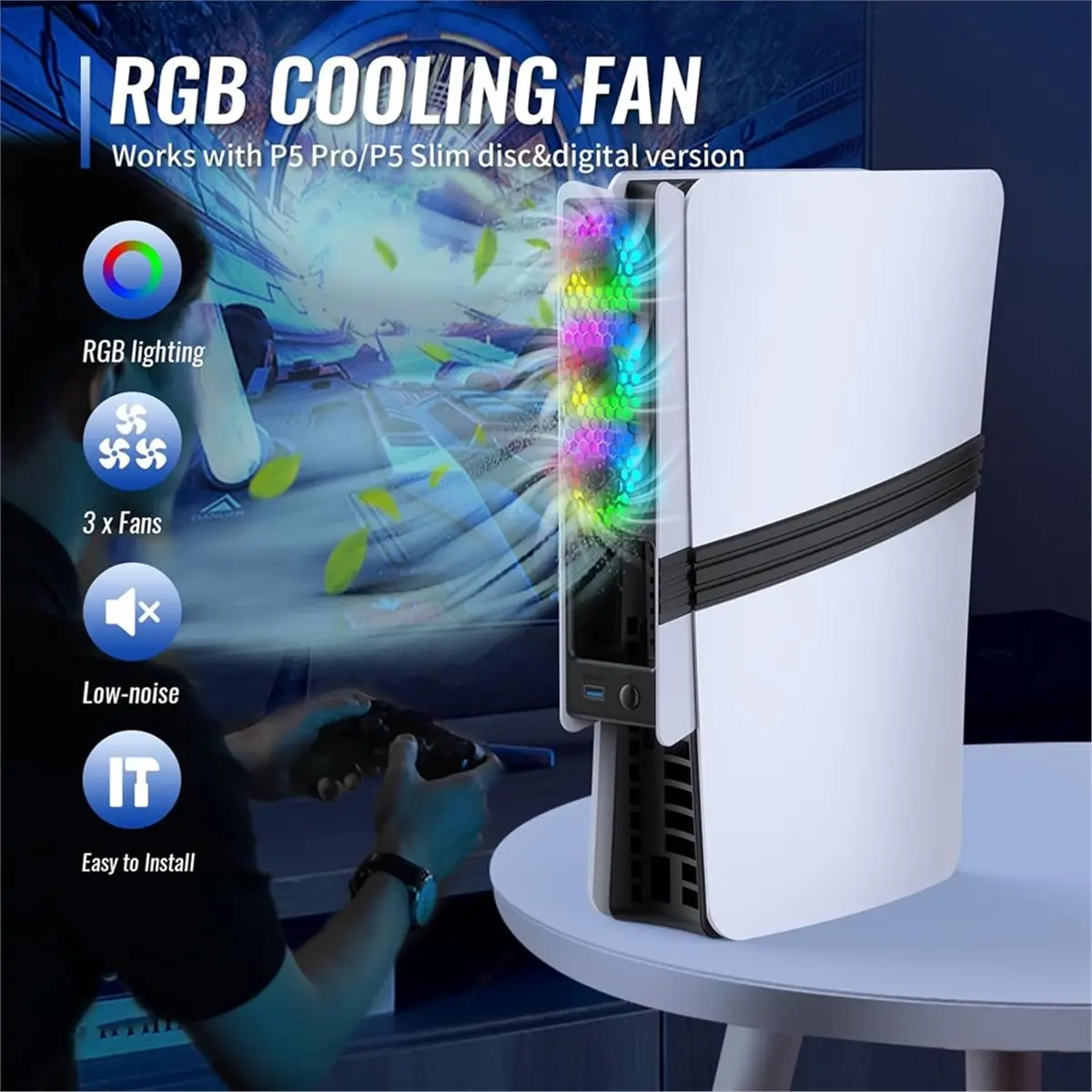A49T Cooling Fans for Pro/Slim, 3-Speed Quiet Turbo Fan with RGB Lights & USB 3.0 Port for