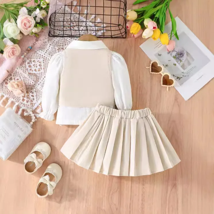 2025 Europe  United States girls stand collar bubble long-sleeved top + England pleated skirt + Slim waistcoat three-piece suit