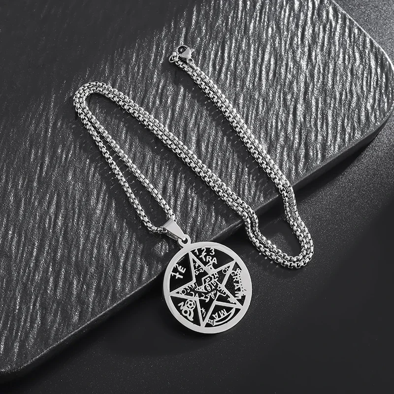 Jewish Hebrew Tetragrammaton Wicca Pentagram Pendant Stainless Steel Necklace for Men Women Religious Amulet Jewelry