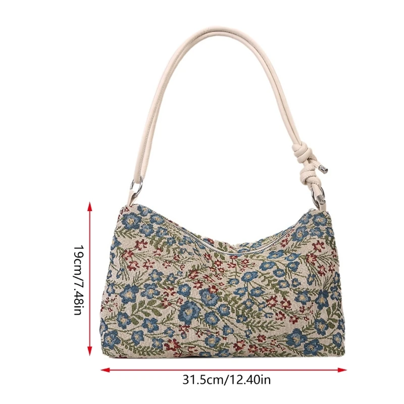 Women Vintage Ethnic Flower Underarm Bag with Adjusted Strap Zippered Korean Fashion Shoulder Crossbody Bag Handbag