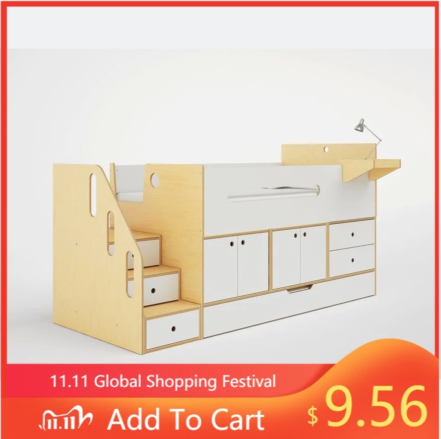 

Bedroom Kids Toddler Cabin Wooden Loft Bed with Trundle Stairs for Children's Room