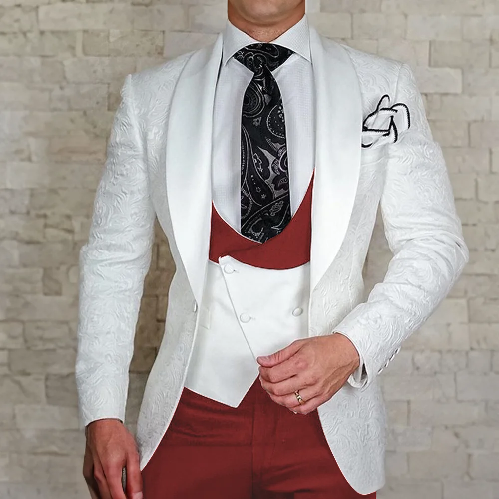 4 Piece Set Men\'s Jacquard Suit Wedding Groom Tuxedo Jacket Pants Vest Formal Party Dress White Floral Blazer