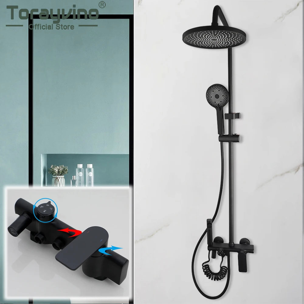 Torayvino Rainfall Bathroom Shower Faucet Set W/ Bidet Mixer Tap Black Wall Mounted Brass Bath Cabin System with Rack Tub Spout