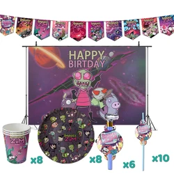 Invader Zim 생일 파티 장식, TV 쇼 테마 용품, 배너 컵 플레이트, 어린이 외계인 짐과 소녀