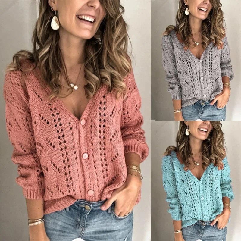 

Women's Color V-Ne Knitted Cardigan Open Front Hollow out Sweater Loose Fit Comfortable Medium Weight Winter Top