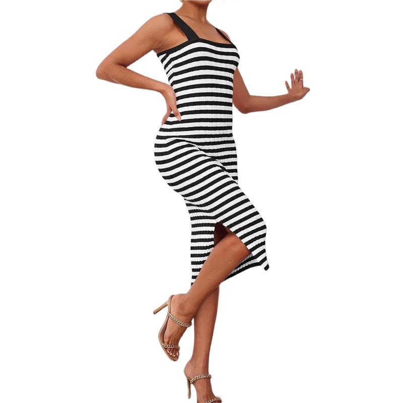 

【Party-Decoration】Women's 2025 Summer Spring Bodycon Midi Dress Vacation Sleeveless Ribbed Knit Striped Party Sweater Dresses