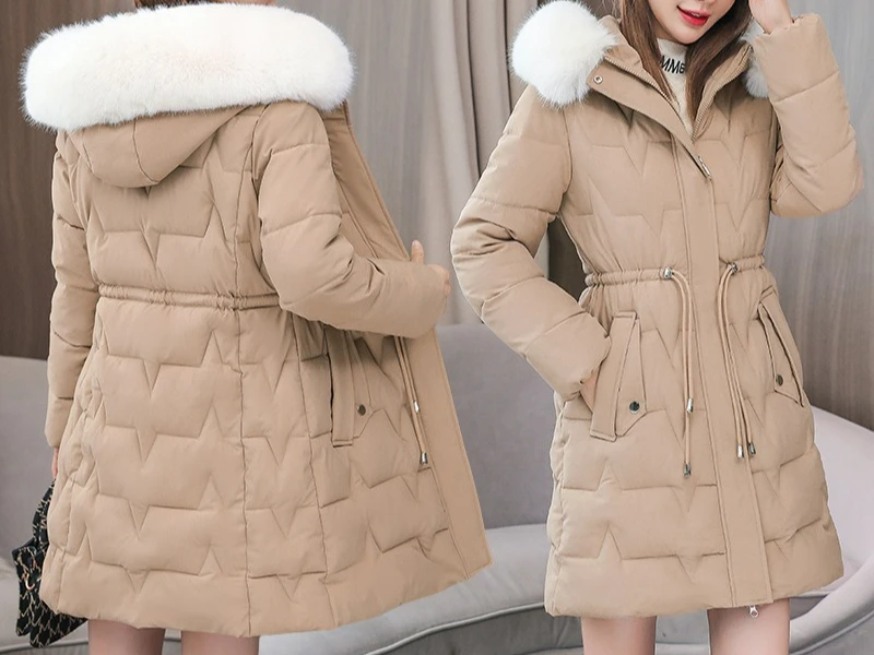 

2025 зимняя новая хлопковая куртка, женская облегающая хлопковая куртка средней длины, куртка с капюшоном на талии