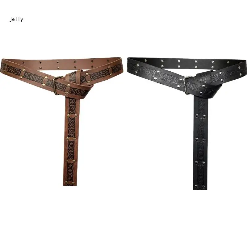 448C Knight Belt Vintage Embossed Buckles Belt Renaissances PU Leather Rings Belt