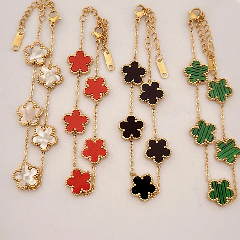 New Trendy Luxury Five Leaf Flower Pendant Necklace Jewelry Earrings for Women Gift Fashion Stainless Steel Clover Bracelets