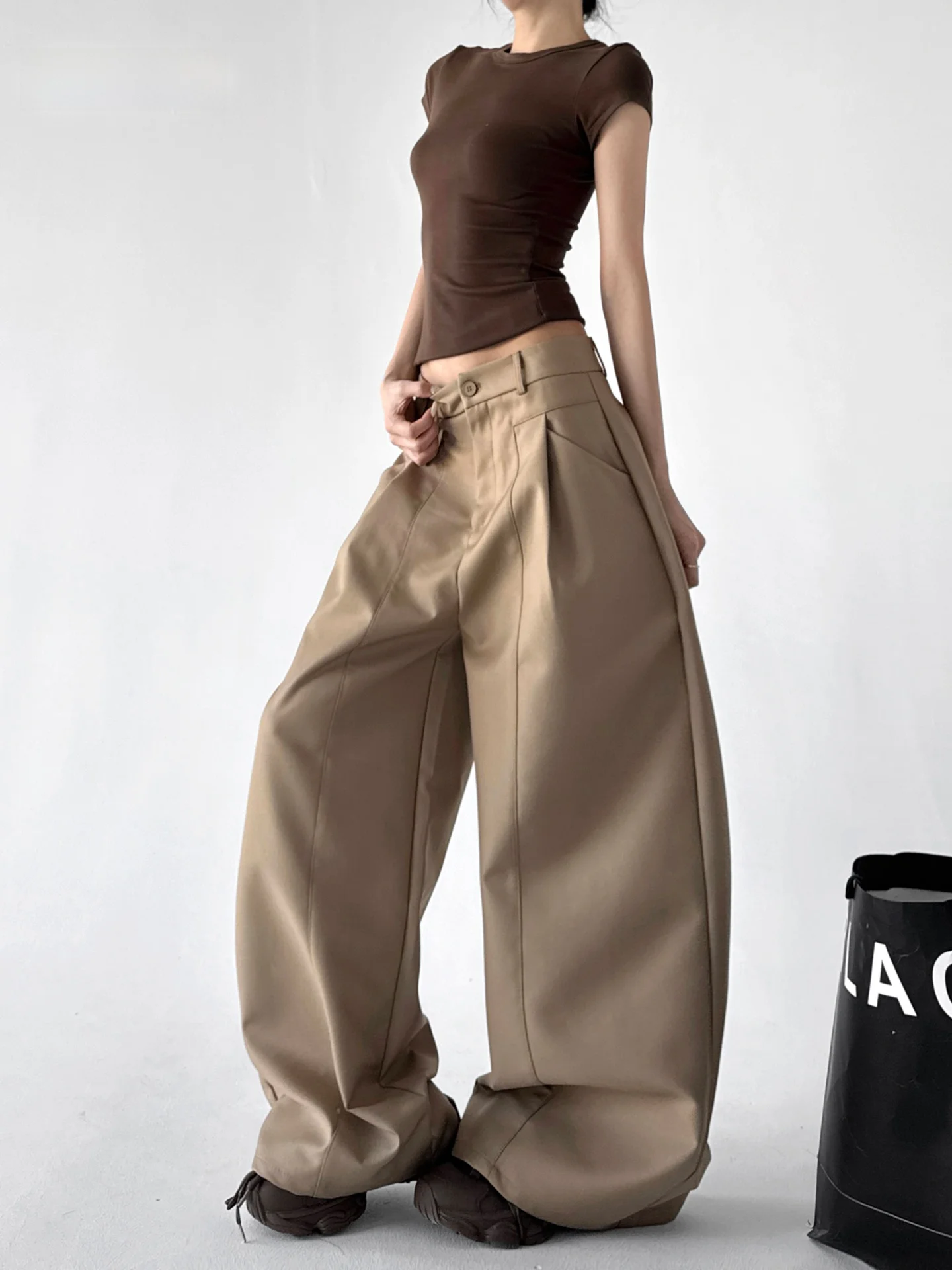 

Женские брюки с высокой талией и широкими штанинами, свободные, стройнящие, цвета хаки, весна 2026, для высоких, повседневные, в студенческом стиле