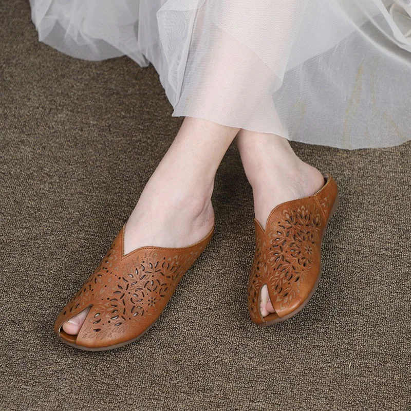 

Retro Half Slippers Women's Summer Wear New Low-heeled Flats Cool Lazy Peep Toe Shoes Sandals High-quality