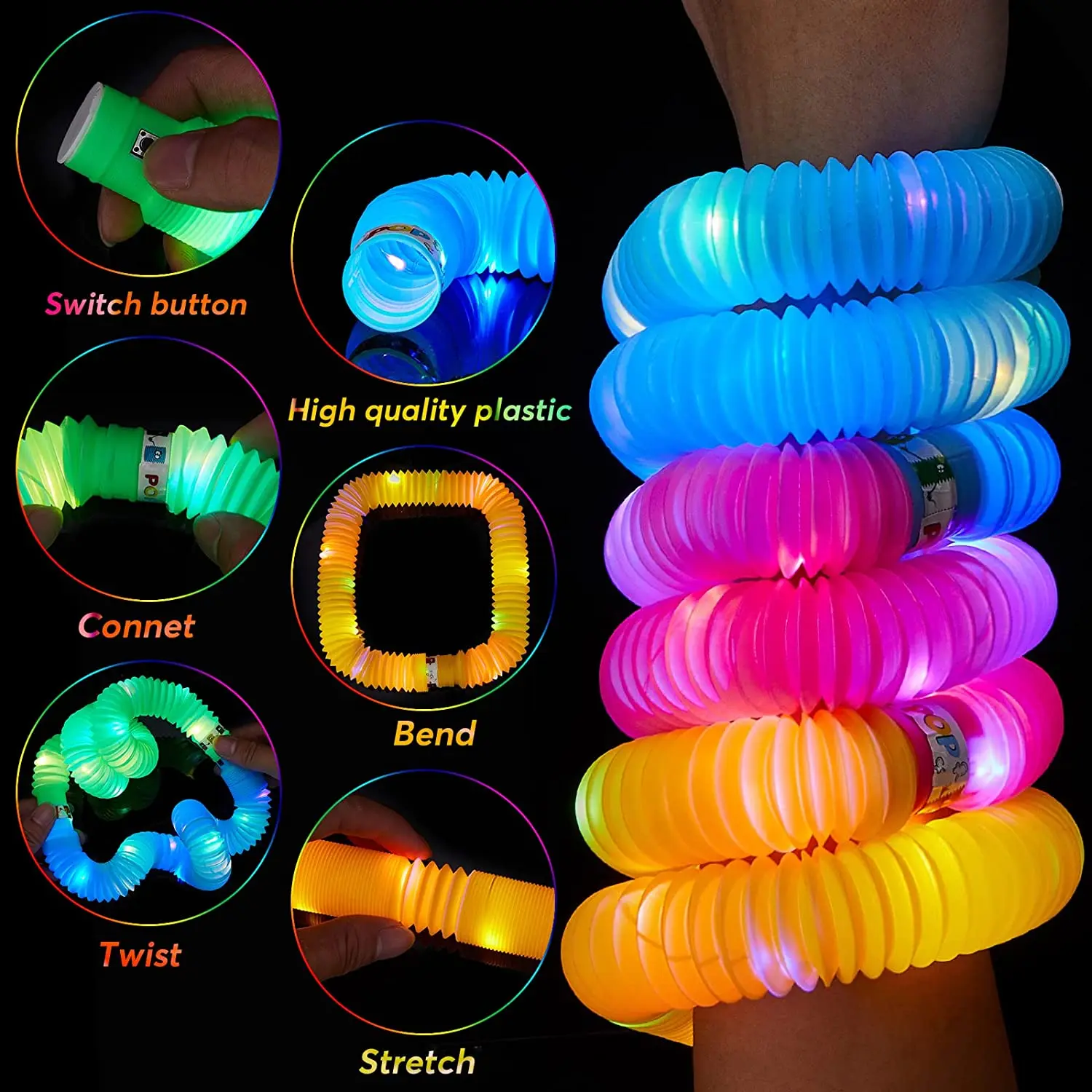 3/6/12/24 PCS LED Pop Fidget Tubes Light Up Sticks Glow in The Dark LED Tubes Party Supplies Birthday Party Favors Gifts