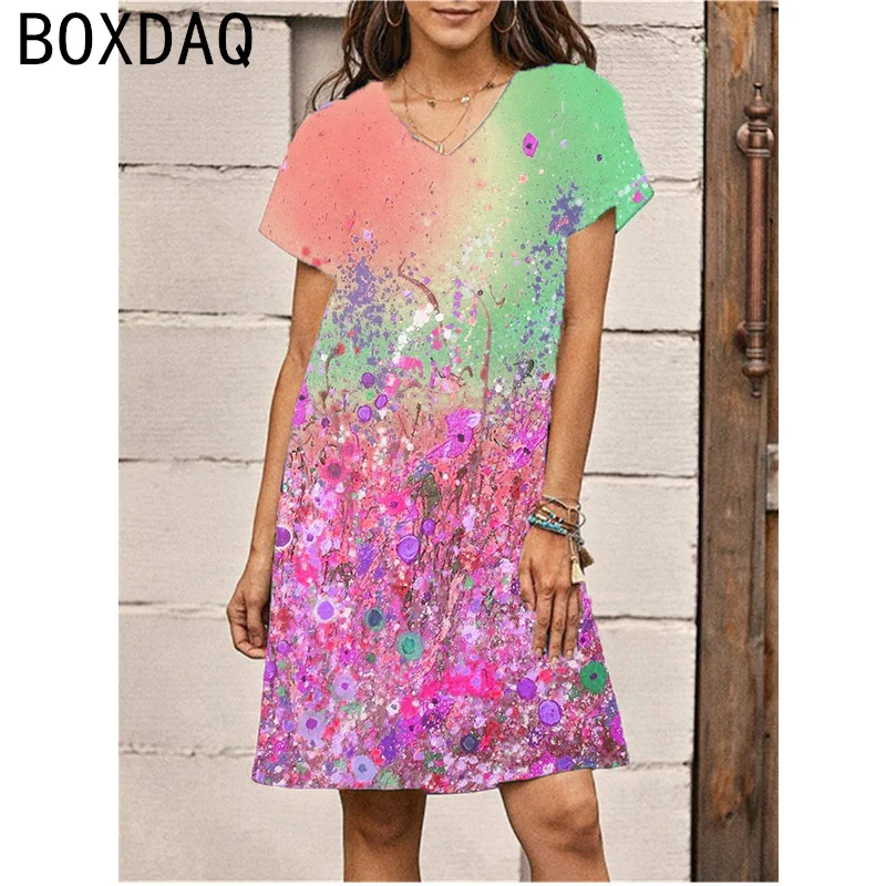 2024 Sommerkleid Mode 3d bunte Blumen Farbverlauf Kleid Frauen Kurzarm V-Ausschnitt elegante Urlaub Strand kleid große Größe Kleider