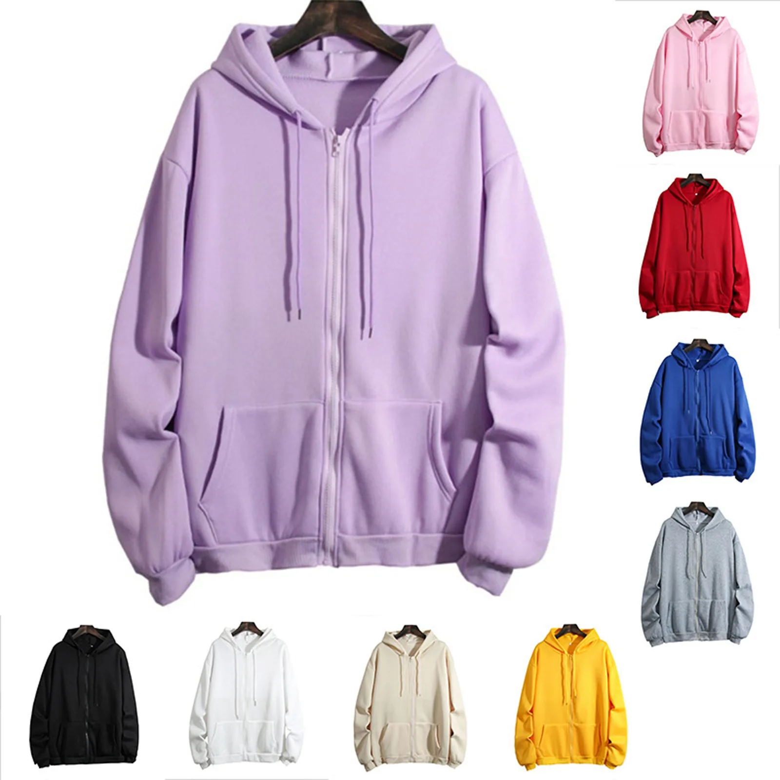 

2024 Loose Women Autumn Hoodies Coat Casual Solid Color Zip Up Hooded Sweatshirt 2024 Korean Style Loose Couple Hoodie Jackets