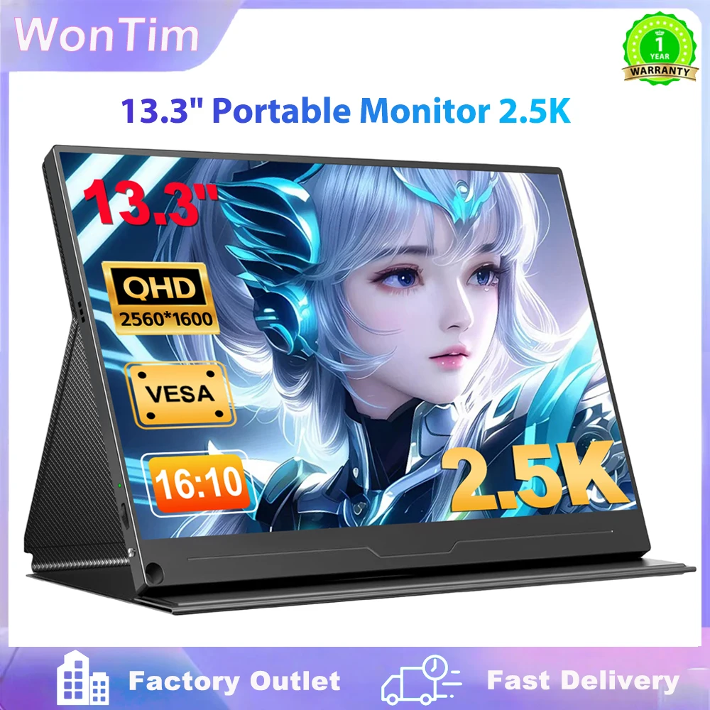 WonTim 2560*1600 13.3-inch 2.5K Portable Monitor 16:10 60HZ For Laptop XBox PS4 / 5 Switch TV Box Cell Phone PC Extension Mobile