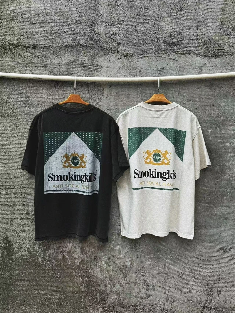 

Летняя ложная 25SS винтажная коробка для сигарет с принтом, потертый топ, уличная повседневная свободная хлопковая модная футболка большого размера