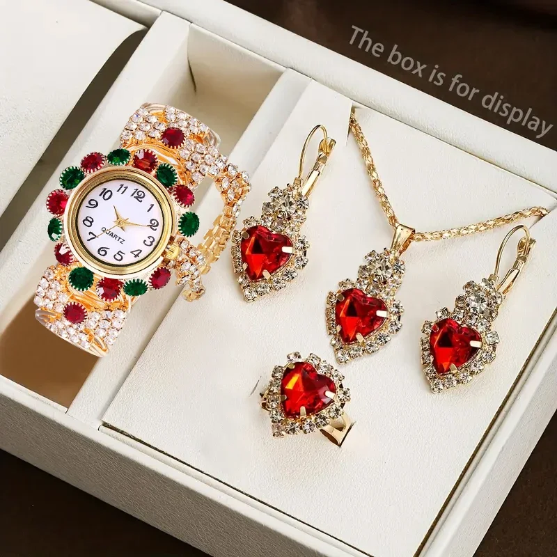 Women 4 In 1 Jewelry Watch Set Blue Heart Rhinestone Quartz Watch Necklace Earrings Ring Elegant Ladies Party Birthday Gift - view 3